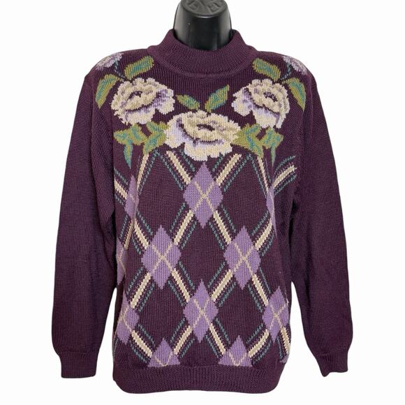 Unbranded Sweaters - VINTAGE 80s 90 PURPLE ARGYLE ROSE SWEATER RETRO COTTAGE GRANDMA CORE TEACHER M